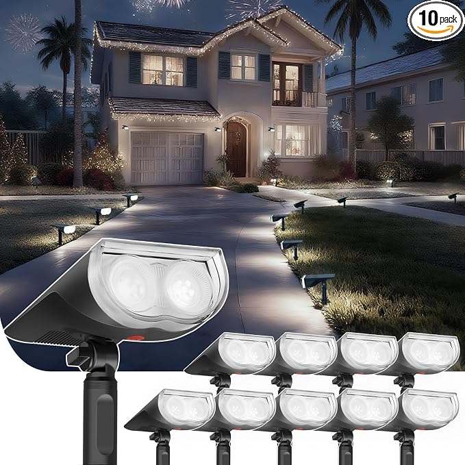 Linkind Solar Spotlight Outdoor Waterproof Dusk to Dawn Cool White 10 Pack | StarrayS Mini, 2 Lighting Modes, 6500K, IP65, Adjustable Head for Landscape Garden Yard Patio Flag Tree Backyard Pathway