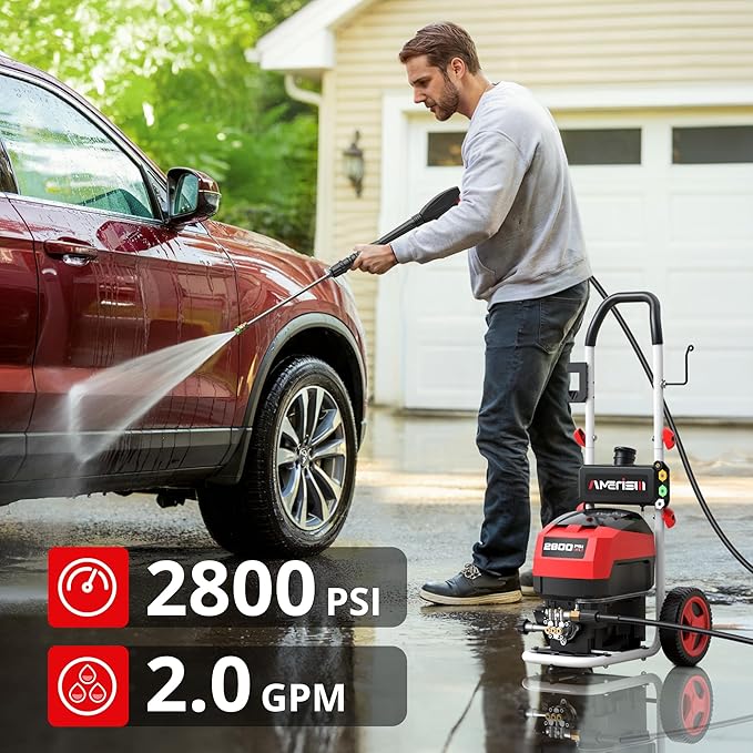 Pressure Washer, 2800PSI 2.0 GPM Max Electric Power Washer with Foam Cannon and 5 Nozzle Set, Portable Pressure Washer with 8" Wheels for Cars, Fences, Patios, Decks, Patios and Driveway Powerwasher