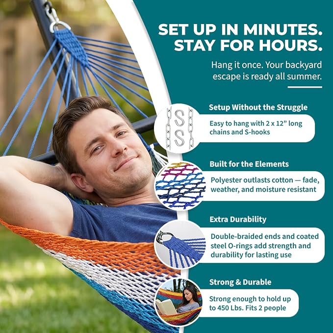 Bliss Hammocks 2-Person Hammock, Weekender 80" x 55" Double Seater Hammock w/Woven Polyester Rope & Wood Spreader Bar - 450 Pound Capacity, Multicolor
