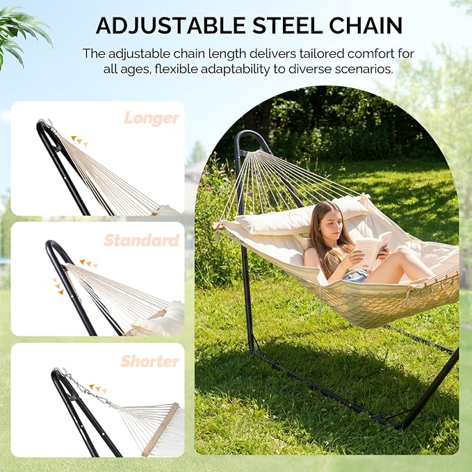 ONCLOUD Hammock with Stand, Double-Barrel Hammock with Hammock Bed, Heavy Duty Adjustable Hammock Set for Outdoors, Patio, Yard, Garden, 550 LBS (Beige)