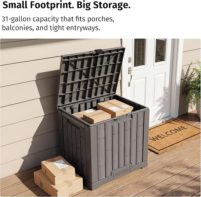 EAST OAK Outdoor Storage Box, 31 Gallon Deck Box Indoor and Outdoor Use, Waterproof Resin Storage Bin for Package Delivery, Patio Cushions, Gardening Tools, Lockable, UV Resistant, Grey