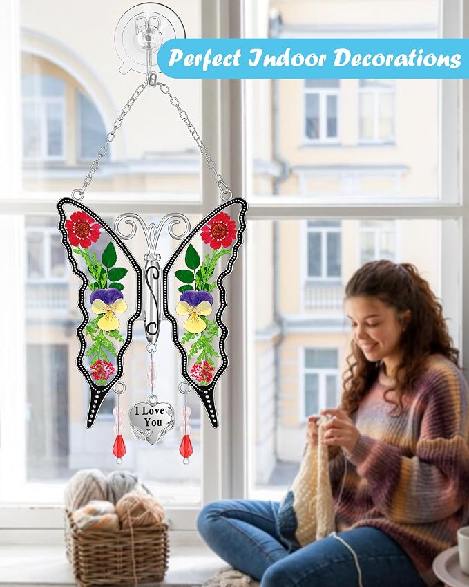 KY&BOSAM Butterfly Glass Pressed Flower Suncatchers Window Hanging | I Love You Charm Sun Catchers Wind Chime Ornament,Dried Flowers and Metal, Mothers Day Gifts for Mom Birthday Christmas