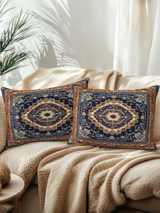 Outdoor Pillows with Inserts Set of 2 12x20, Blue Burnt Orange Boho Waterproof Outdoor/Indoor Throw Pillows, Antique Southwestern Tribal Decorative Pillow for Bed Couch Sofa Patio Furniture