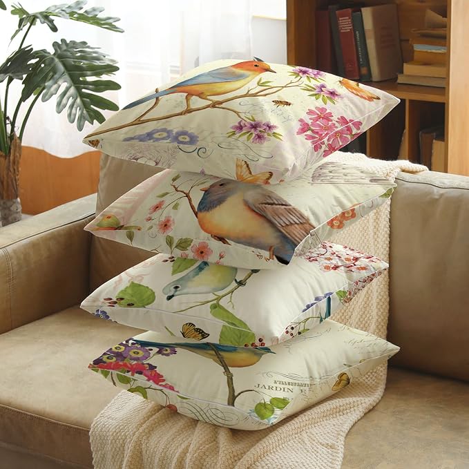 Outdoor Bird Decorative Throw Pillowcase, Bird Flower Both Sides Printed Spring Cushion Cotton Linen 18x18 Set of 4 Patio for Home Couch Sofa Decor