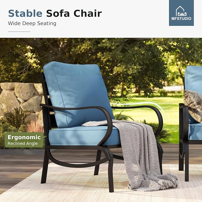 MFSTUDIO 6 Pieces Metal Patio Furniture Sets, 2 Swivel Chairs, 3-Seat Loveseat Sofa, 2 Patio Chairs & 1 Marbling Coffee Table, All Weather 7 Seats Outdoor Conversation Set for Garden Backyard, Navy