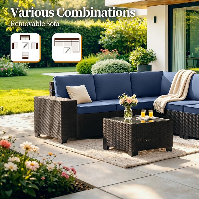 Patio Furniture Set 6 Pieces Outdoor Sectional Sofa Set,PE Rattan Wicker Patio Conversation Set with Thickened Cushions and Glass Coffee Table,NavyBlue