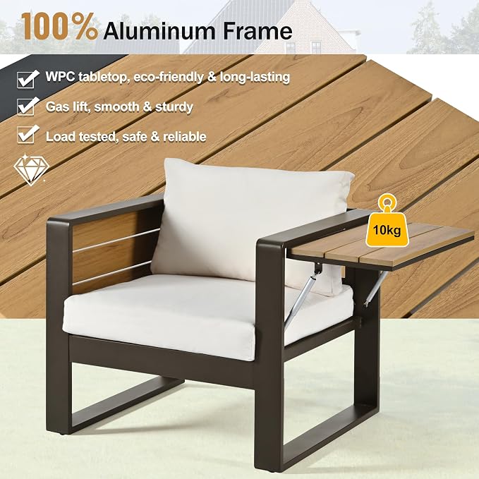 Merax Large 4-Piece Outdoor Patio Furniture Set for 5 Person, 3-Seater Sofa, 2 Armchairs with Fold-Out Side Tables, Aluminum Frame & Plastic-Wood, Modern Garden/Patio Seating, White Cushions