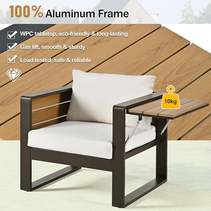 JIVOIT 4-Piece Outdoor Patio Furniture Set for 5 Person, Large Aluminum Frame Conversation Set with 3-Seater Sofa, 2 Armchairs with Fold-Out Side Tables, Modern Garden/Patio Seating, All-Weather Use