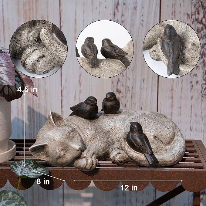 Sleeping Cat Garden Statues Outdoor - 12" Sparrows On Cat Figurine Memorial Statue Grave Markers Garden Resin Statues for Outdoor Decor Outdoor Statue Resin 12" x 8" x 4.5"