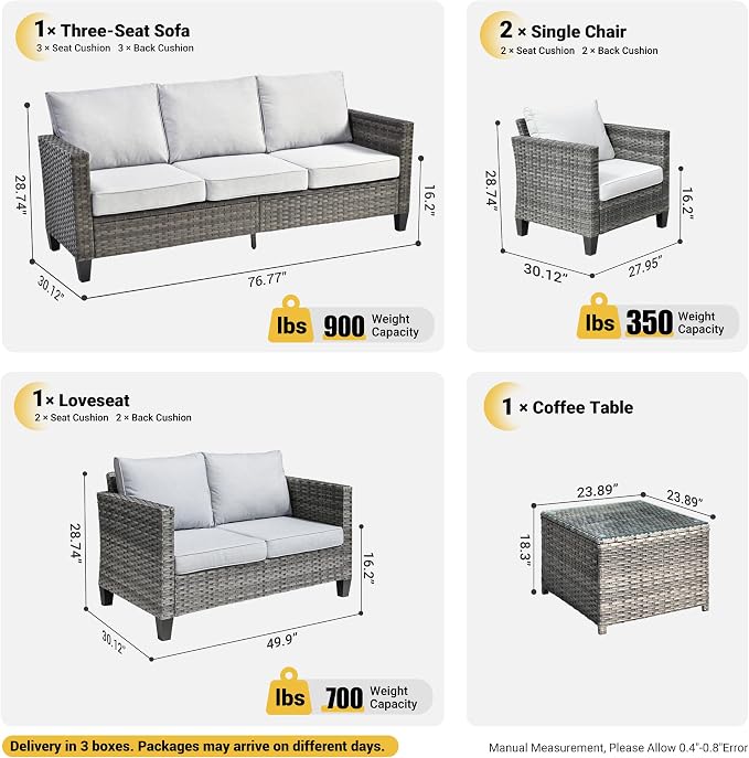 ovios 5 Pieces Patio Furniture Set, Outdoor Wicker Rattan Sofa Couch with Loveseat, Chairs, Glass Coffee Table, Conversation Sets for Yard Porch Garden, Grey