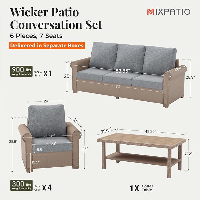 MIXPATIO Patio Furniture Set 6 pcs, Wicker Outdoor Patio Furniture, 3-Seat Sofa, 4 Single Chairs and Coffee Table, Rattan Patio Conversation Set for Backyard Deck, Grey