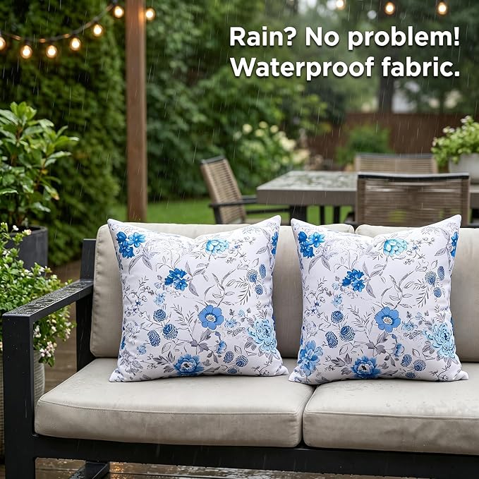 Waterproof Outdoor Pillow Covers 20x20 Inch Summer Floral Decorative Throw Pillow Covers Blue Square Garden Cushion Sham Pillowcase Set of 2 Outside Accent Pillowcase for Patio Sofa Tent Garden Decor