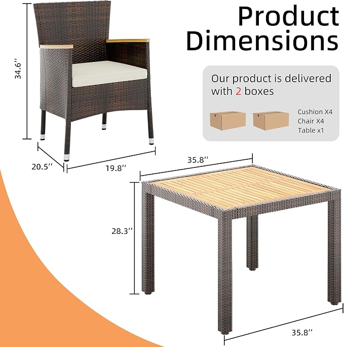 Vongrasig 5 Piece Small Patio Dining Set, Space-Saving Outdoor Wicker Furniture Conversation Set with Wood Table and Cushioned Rattan Chairs for Lawn, Garden, and Backyard (Brown)