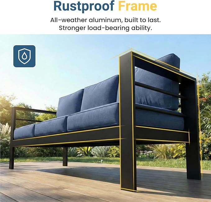 Wisteria Lane 5 Pieces Aluminum Patio Furniture Set with Umbrella, All Weather Oversized Outdoor Furniture Set with Deep Seat and Back Cushion, Patio Conversation Sets with Wide armrest, Blue & Kahki
