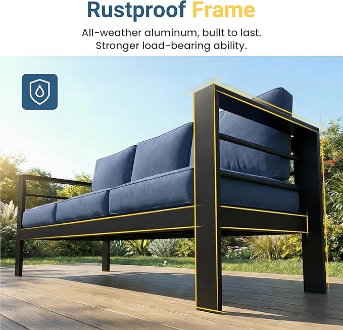Wisteria Lane 6 Pieces Aluminum Patio Furniture Set with Umbrella, All Weather Oversized Outdoor Furniture Set with Deep Seat and Back Cushion, Patio Conversation Sets with Wide armrest, Blue & Navy