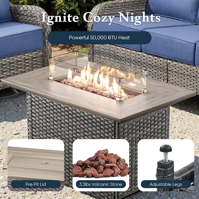Belord Luxury 6" Thick Cushioned 11 Pieces Patio Furniture Set with Fire Pit Table, Wicker Outdoor Conversation Set with High Back Swivel Rocker Chairs for Deck Porch Yard and Poolside - Grey+Blue