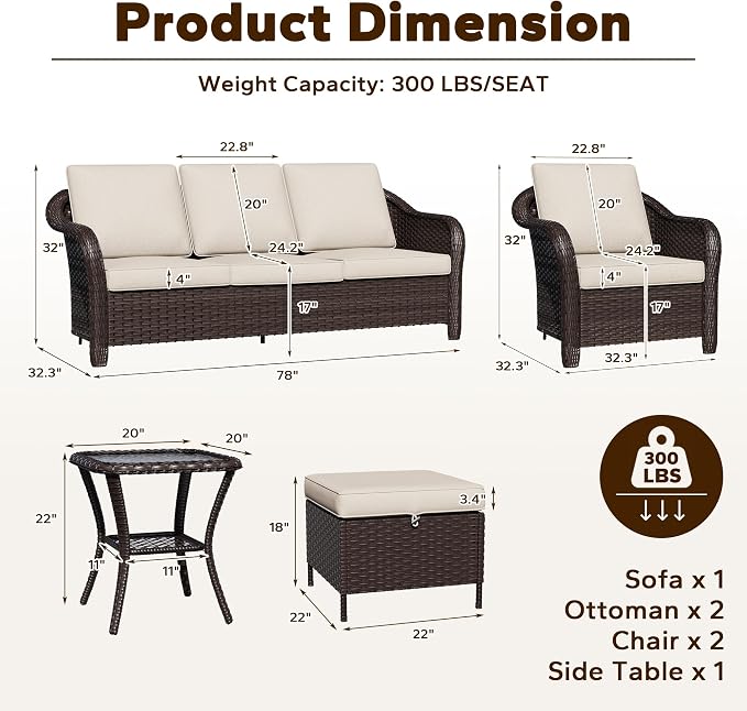 6 Piece Patio Wicker Conversation Set, All-Weather Use Outdoor Wicker Sofa with 2 PE Rattan Ottomans,2 Chair, 1 Side Table, Ideal for Porch, Backyard, Balcony, Poolside, Beige