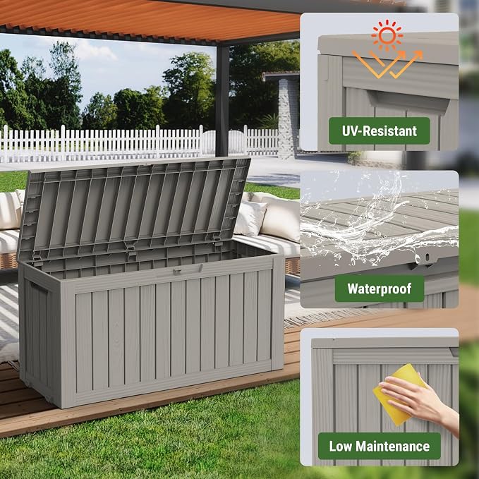 Mars Villa 72 Gallon Deck Box, Waterproof Weatherproof and UV Resistant Resin Storage Bin with Lockable Lid, Ideal for, Outdoor, Patio Furniture Cushions, Pool Supplies, Garden Tools, Grey