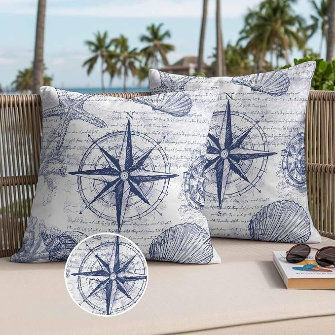 Vintage Nautical Outdoor Waterproof Throw Pillow Covers Set of 2, 24"x24", Summer Navy Blue Compass Shell Starfish Map Decorative Pillow Covers Outside Cushion Case for Patio Porch Garden