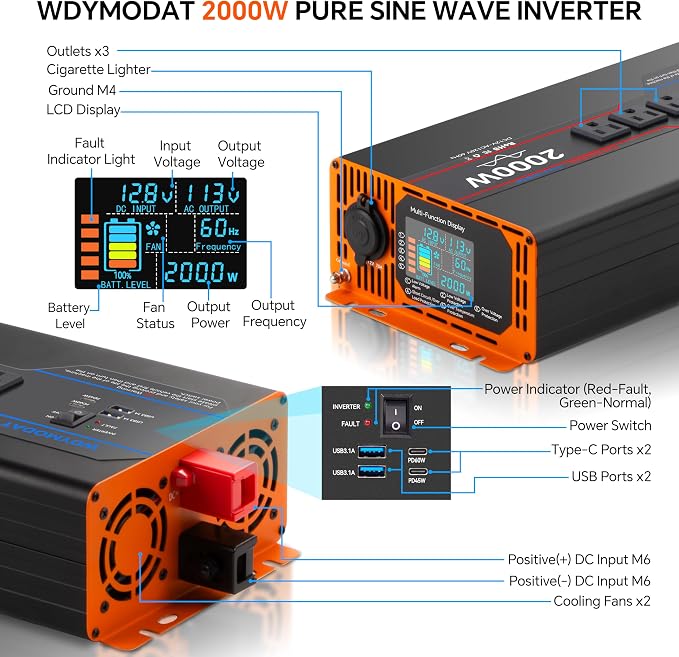 2000W Pure Sine Wave Inverter, Car Power Inverter 12V to 110V 120V, DC to AC Converter Generator with AC Outlets 3.0A USB Type-C, Remote Controller LCD Display Truck Inversor for Vehicles, RV