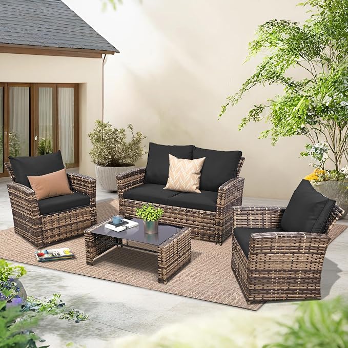 FHFO 4 Piece Outdoor Wicker Patio Furniture Set, Yellow/Black | Sectional Sofa | All-Weather Hand-Woven Rattan | Tempered Glass Coffee Table | Durable Fabric | Indoor & Outdoor Use