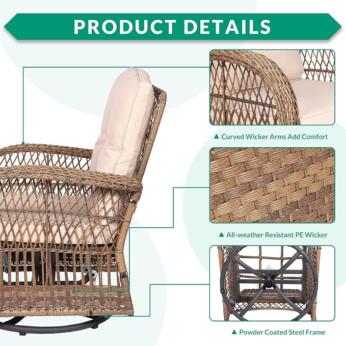 VIVIJASON 7-Piece Outdoor Patio Wicker Conversation Sets, All Weather Outdoor Rattan Furniture Set Includes Glider Loveseat, 2 Glider Rocker Chairs, 2 Swivel-Gliders Chairs, 2 Coffee Table Light Brown