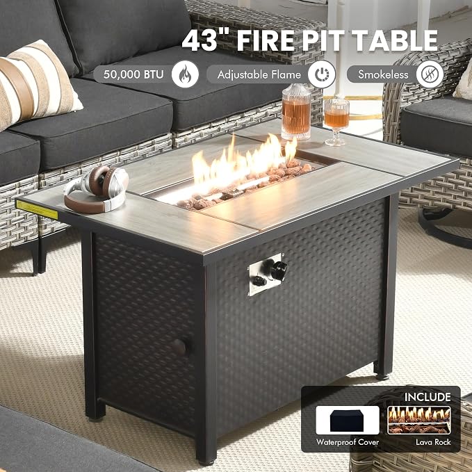 9 Pcs Patio Outdoor Furniture Set - All Weather Wicker Outdoor Sectional Sofa Couch with Swivel Fire Pit Table and Rocking Chairs e,Patio Rattan Conversation Set for Garden Deck Yard,Black