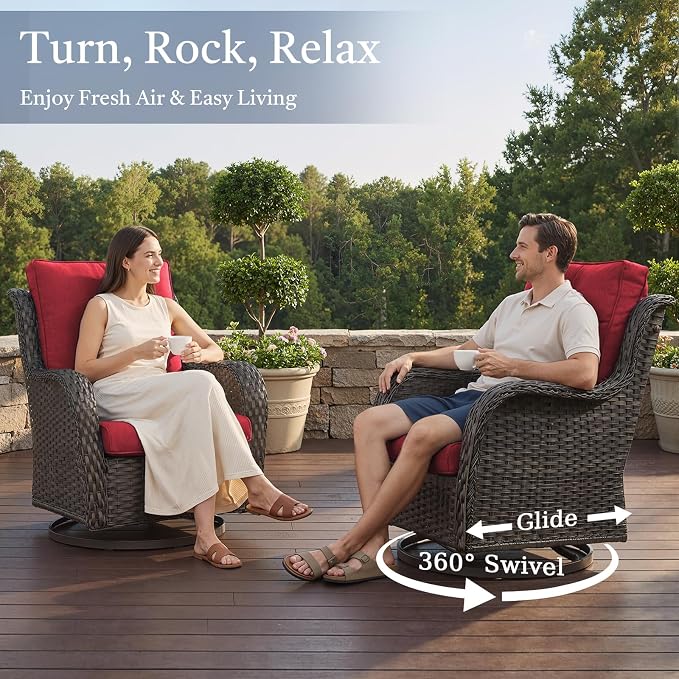 Outdoor Swivel Rocker Patio Chairs-Wicker Patio Swivel Chairs Set of 2 PE Rattan Patio Furniture for Porch Deck Balcony Garden-Brown/Red