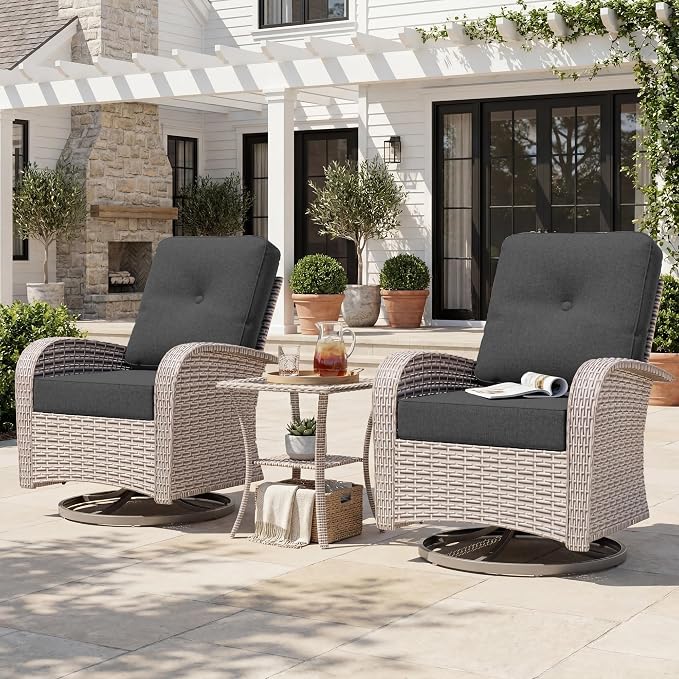 Patio Wicker Chairs Swivel Rocker, Outdoor Swivel Glider Rocker Chairs with Rattan Side Table, All Weather Conversation Set for Porch Poolside Balcony,Black