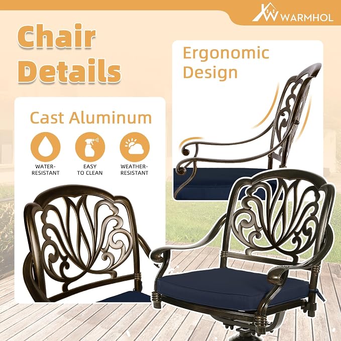 9-Piece Patio Furniture Dining Set, Cast Aluminum Outdoor Conversation Set- 61" Round Patio Dining Table with Detachable Lazy Susan & 8 Cushioned Swivel Rocker, Umbrella Hole, Navy Blue