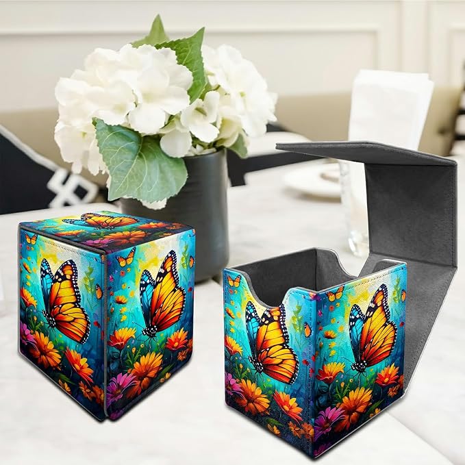 Deck Box for MTG, Cards Storage Box Fits 120+ Sleeved, Leather Medium Size Strong Magnetic Closing Card Case for Board Games Magic TCG CCG Baseball Collection, Butterfly Blue Sky