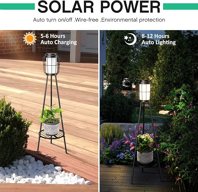 VISFLAIR 2 Pack Solar Lights with Plant Stand, Outdoor Floor Lamps, Waterproof Solar Powered Floor Lamps for Patio Deck Porch Yard Garden Decor