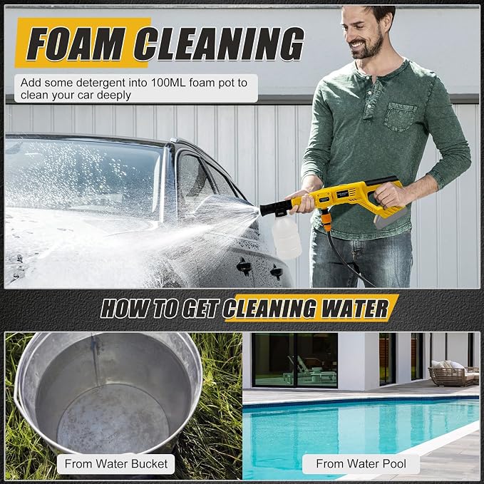 Cordless Portable Cleaning Tool Compatible with DeWalt 20V Battery, 800 PSI Brushless Handheld Cleaner Tool with 6 in 1 Nozzle, 16.4ft Hose, for Car, Garden, Floor, Fence Cleaning (NO Battery)