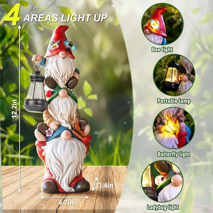 twinbling 12 in Garden Gnome Statue with Solar Lights | Birthday Gift for Mom Woman Grandma Garden Sculptures Funny Triple Gnome Outdoor Patio Lawn Yard Balcony Home Decor