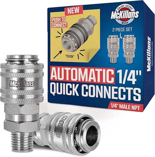 McKillans® 1/4” Nozzle Automatic Quick Connect Fittings - Stainless Steel 1/4” NPT Male Quick Connect Couplers - Coupler for Pressure Washer Gun - Pack of 2
