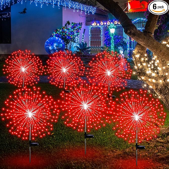 Tujoe 6 Pcs Christmas Solar Firework Stake Lights 180 LED 8 Modes Solar Waterproof LED Sparkler Lights Outdoor Decoration for 4th of July, Xmas Holiday Garden Patio Yard Pathway Walkway, Red