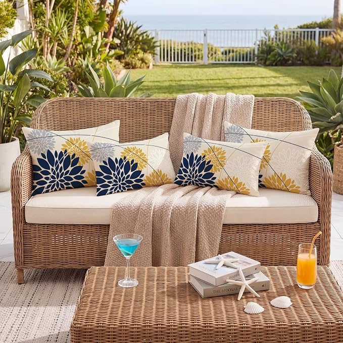OTOSTAR Outdoor Dark Blue Yellow Pillow Covers 16x24 Inch Set of 2 Light Grey Flower Throw Pillows Geometric Dahlia Floral Lumbar Cushion Case Waterproof Decor for Sofa Patio Funiture Garden
