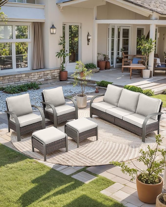 HUMMUH Outdoor Patio Conversation Furniture Sets-Deep Seating Wicker Patio Chairs with Patio Sofa Set Outdoor Patio Furniture for Deck Porch Garden Poolside Backyard-Brown/Beige