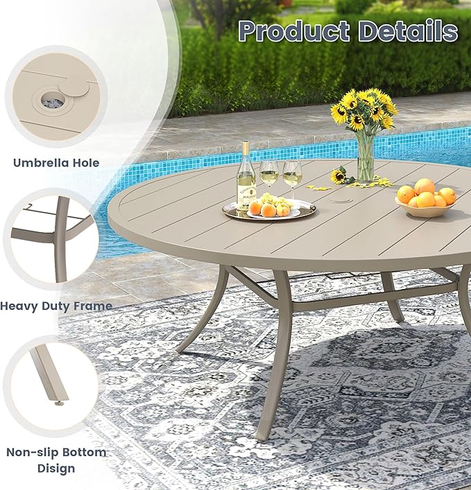 VICLLAX 11 Pieces Patio Outdoor Dining Set, 63" Round Metal Table with Umbrella Hole and 10 Stackable Textilene Chairs for Patio, Lawn, Garden, Porch, Sandshell