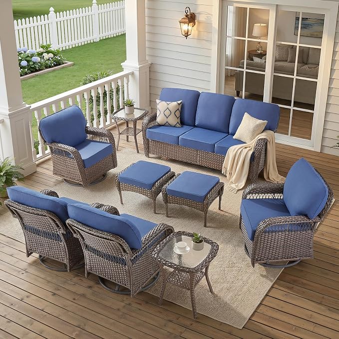 9 PCS Patio Furniture Set Outdoor Sectional Sofa Couch with High Back Rocking Swivel Chairs 5" Deep Seat Chairs, Modern Wicker Rattan Conversation Set, Blue/Brown Wicker