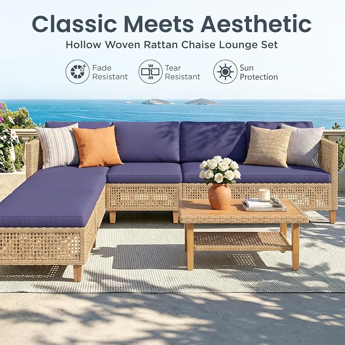 PHI VILLA Wicker Patio Furniture Set, Rattan Patio Sectional Sofa Outdoor Couch Set with Acacia Wood Coffee Table, 7 Pieces U-Shaped Patio Conversation Set for Backyard Porch, Navy Blue Cushion