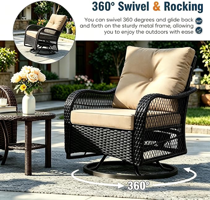 Outdoor Swivel Rocker Patio Chairs with Cushions，Outdoor Swivel Rocking Chairs Set of 2 with Rattan Side Table，360 Degree Swivel Seat Patio Furniture Set for Outside Porch Deck，3 Pieces