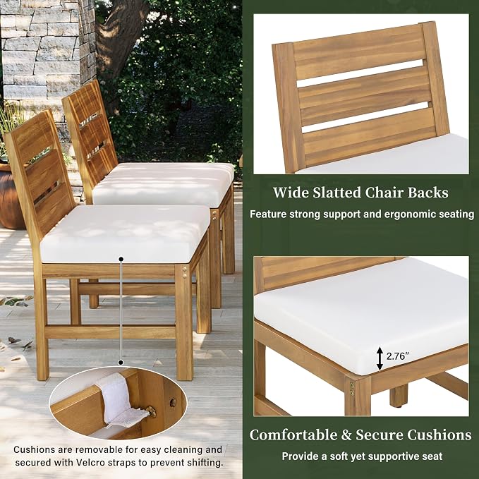 Merax 5-Piece Patio Dining Set for 4, Acacia Wood Farmhouse Outdoor Furniture Set with Removable Cushions & Adjustable Feet, Rustic Garden Dining Set for Backyard, Poolside, Beige + Natural