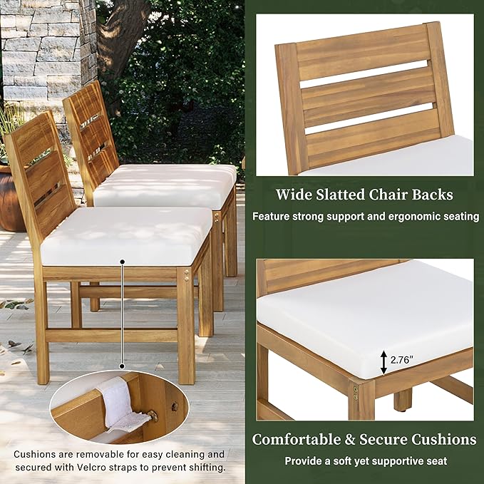 5-Piece Outdoor Patio Dining Set for 4, Solid Acacia Wood Table with Rope Woven Chairs, Farmhouse Style for Garden Backyard Poolside (Beige,Natural 2)