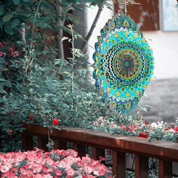 Wind Spinner Mandala Peacock Blue Ocean,12Inch Stainless Steel Wind Spinners Outdoor,Gifts for Women,Mother,Men,Father,Holidays,3D Kinetic Yard Art Decorations,Christmas Garden Decor