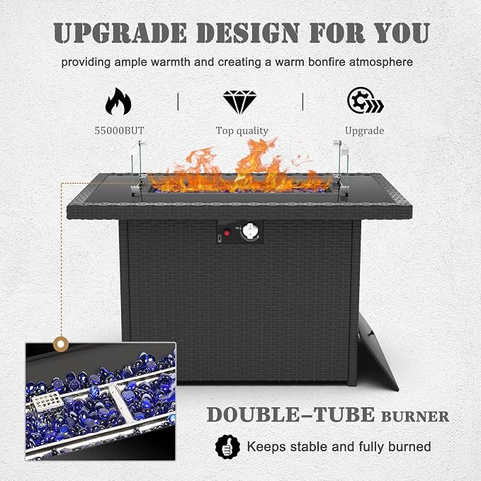13 Pieces Patio Furniture Set with 44" Propane Gas Fire Pit Table, Outdoor Sectional Wicker Conversation Sofa Sets with Coffee Table