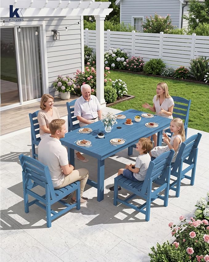 KINGYES 7-Piece Patio Dining Set, HDPE Table and Armless Chairs Outdoor Furniture Set with Umbrella Hole, Blue