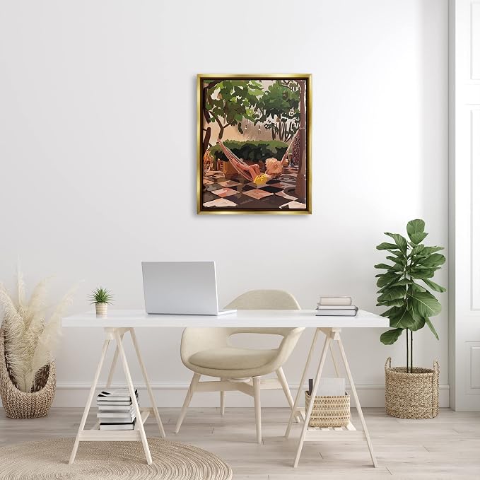 'Woman Lounging Hammock Tropical Summer'| Floating Frame Canvas Art | Stupell Industries | Gold, 25 x 31 Inches, Easy to Hang and Sturdy, Made in USA, by Amelia Noyes