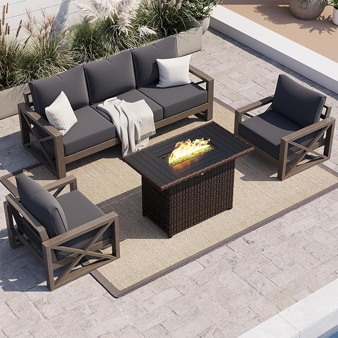 UDPATIO Aluminum Patio Furniture Set, Faux Wood Grain Modern Outdoor Furniture, 6" Cushions Metal Patio Conversation Sofa with Fire Table for Poolside Deck, 6 PCS, Dark Grey(Include 600D Covers)