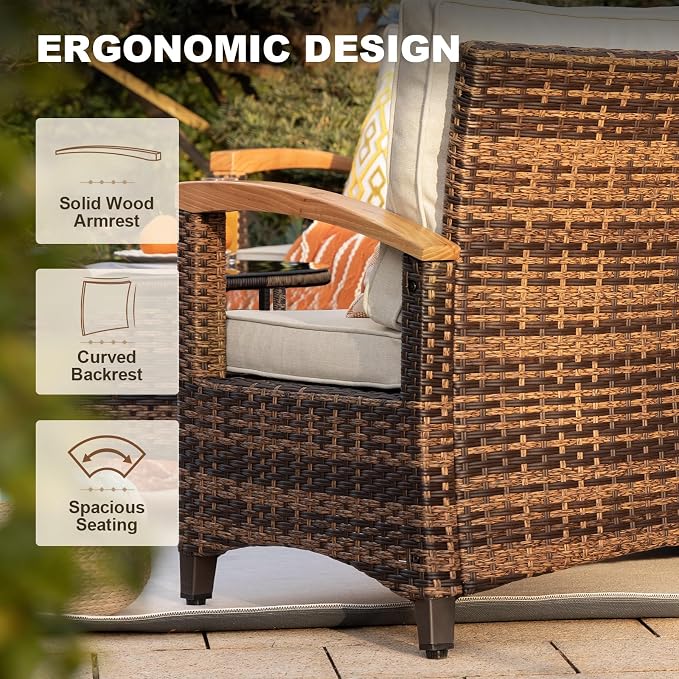 MEISSALIVVE 9-Piece Half-Moon Curved Outdoor Patio Furniture Set, Sectional Conversation Sofa with 2 Swivel Glider Chairs, Round Coffee Table for Backyard Deck Garden, Beige